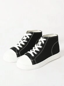 One Pair Of Girls' Fashionable Classic Comfortable Solid Color Lace-Up High-Top Canvas Sneakers. Suitable For All Seasons, Casual Sports Shoes For College Style And Street Style Outfits.