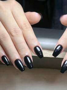 24 uñas postizas de forma de ataúd cortas y perfectamente ajustadas y un conjunto de uñas postizas negras minimalistas de longitud media, adecuadas para que las niñas y mujeres las usen en diferentes colores, mejorando instantáneamente su estilo. Suministros de uñas presionadas. - Negro - Ver 1