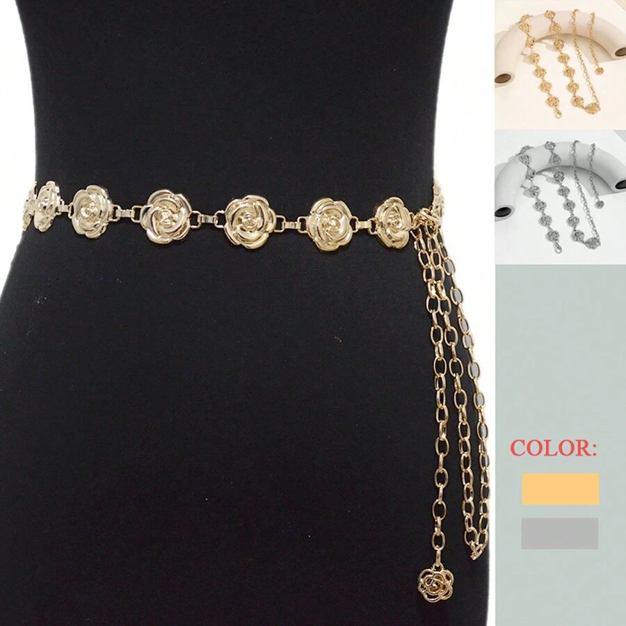 1條金銀色金屬玫瑰花女式腰帶，時尚優雅的禮服或牛仔褲飾品 - 彩色 - 查看 1