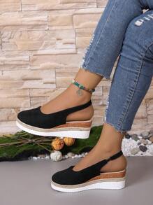 Nuevas sandalias de tacón de cuña para mujer con suela tejida, punta cerrada, estilo informal para vacaciones, calzado de mujer de tacón alto versátil - Negro - Ver 3