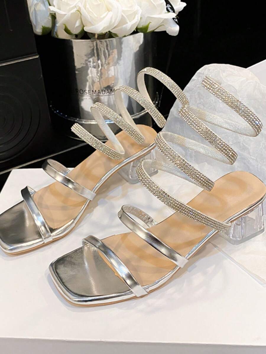 Women's 3.5CM Fashion Square-Toe Rhinestone Snake Pattern Chunky-Heel Sandals, 2024 Summer New Arrival - Silver - View 1