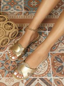 Ladies Crystal Embellished Mules Mid-Heeled Slip-On Sandals - Gold - View 3