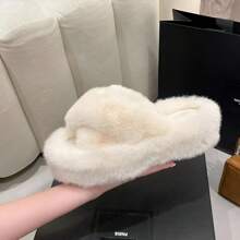 Pantuflas para mujer de casa para mujer con banda cruzada de punta abierta y forro polar de felpa suave, cómodas y antideslizantes. ☆ - Blanco - Ver 3