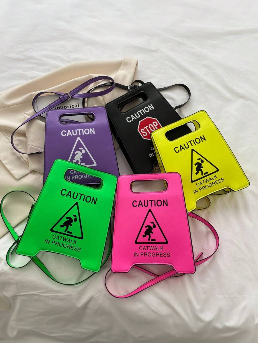 Warning Sign Design Novelty Bag, Faux Leather Crossbody Bag, Creative Stop Sign Purse For Women