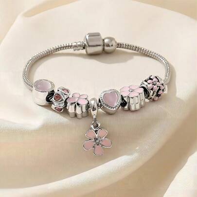 1 Vòng Tay Đính Hạt Hoa Năm Cánh Màu Hồng, Vòng Tay Cánh Hoa Thời Trang Giọt Dầu Nữ Cá Tính