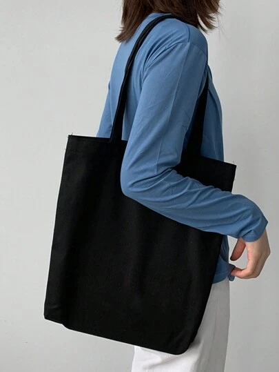 Black Shopping Bag Casual Shoulder Tote Bag For Shopping, Tote Bags For School, School Supplies, School Bag, School Handbag, School Tote Bag, School Bookbag, Back To School Bags, Large Capacity, Lightweight, Portable, Foldable, Classic Casual, Suitable For Teen Girls Women College Students, Teacher, Perfect For Back To School, First Day Of School