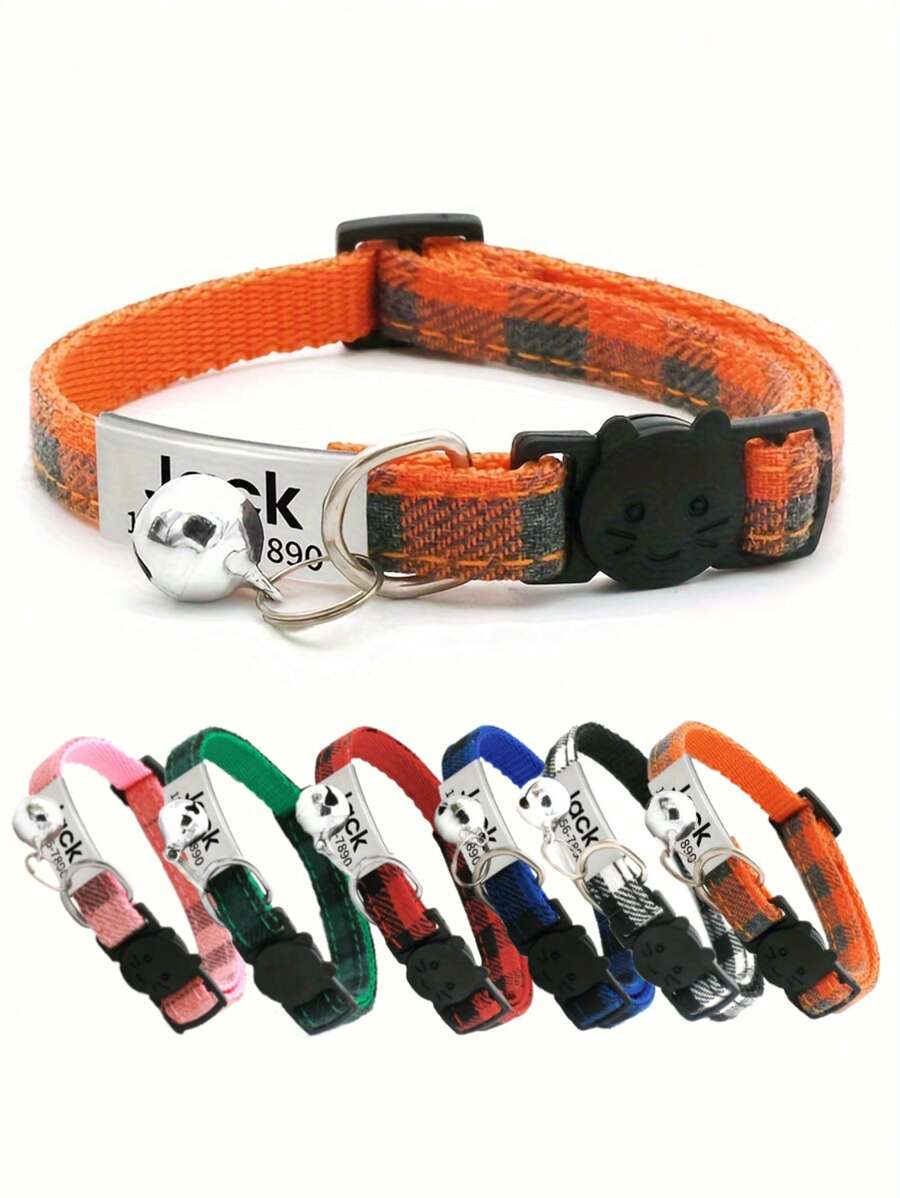 Custom Plaid Pattern Pet Collar With Bell & Adjustable Safety Buckle, Suitable For Small To Medium Cats Or Dogs Daily Wear And Use