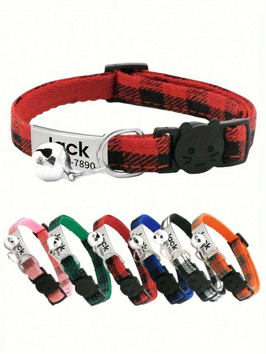 Collier pour animaux de compagnie à motif de carreaux personnalisé avec cloche et boucle de sécurité réglable, adapté pour un usage quotidien pour les chats ou les chiens de petite et moyenne taille.