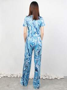 2pcs Women Light Green Knitted Printed Pajama Set, Slim Fit, Thin, Suitable For Home Use In Spring/Summer - Blue - View 2