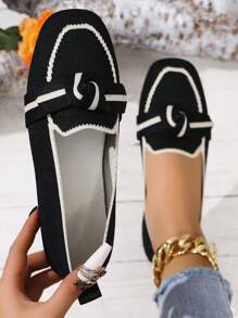 新款時尚女士平底拖鞋，透氣織物懶人鞋，方頭平底鞋，全季穿著 - 黑色 - 查看 1