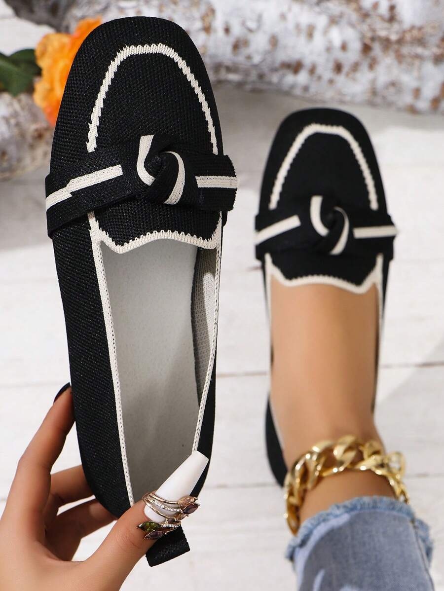 新款時尚女士平底拖鞋，透氣織物懶人鞋，方頭平底鞋，全季穿著 - 黑色 - 查看 1