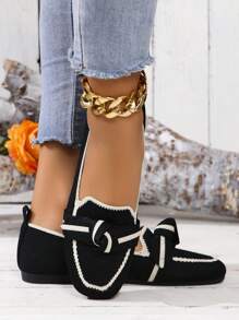 新款時尚女士平底拖鞋，透氣織物懶人鞋，方頭平底鞋，全季穿著 - 黑色 - 查看 4