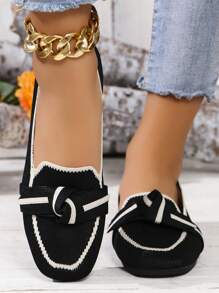 新款時尚女士平底拖鞋，透氣織物懶人鞋，方頭平底鞋，全季穿著 - 黑色 - 查看 3