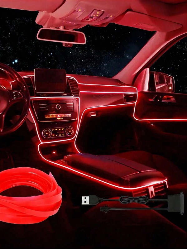 196.8in/5m Car Atmosphere Light, USB Power Supply DIY Decorative Instrument Board Atmosphere, LED Light Belt, Neon Light Flash, Suitable For Cars, Gardens, Decorations