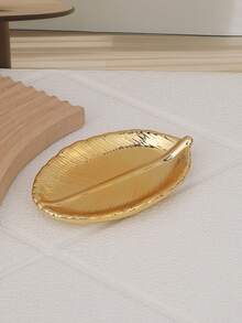 1pc Golden Leaf Shaped Home Decorative Tray - Gold - View 5