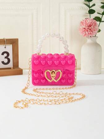 新款兒童心形氣泡矽膠珍珠斜挎包，扭轉鎖扣金屬鏈，手提袋，果凍袋，包，適用於...