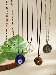 5 件/套女士创意波西米亚风格和嬉皮士首饰套装，带花卉盘、不对称水晶、子弹头、眼睛形状吊坠彩色串珠项链 - 串珠 - 查看 6