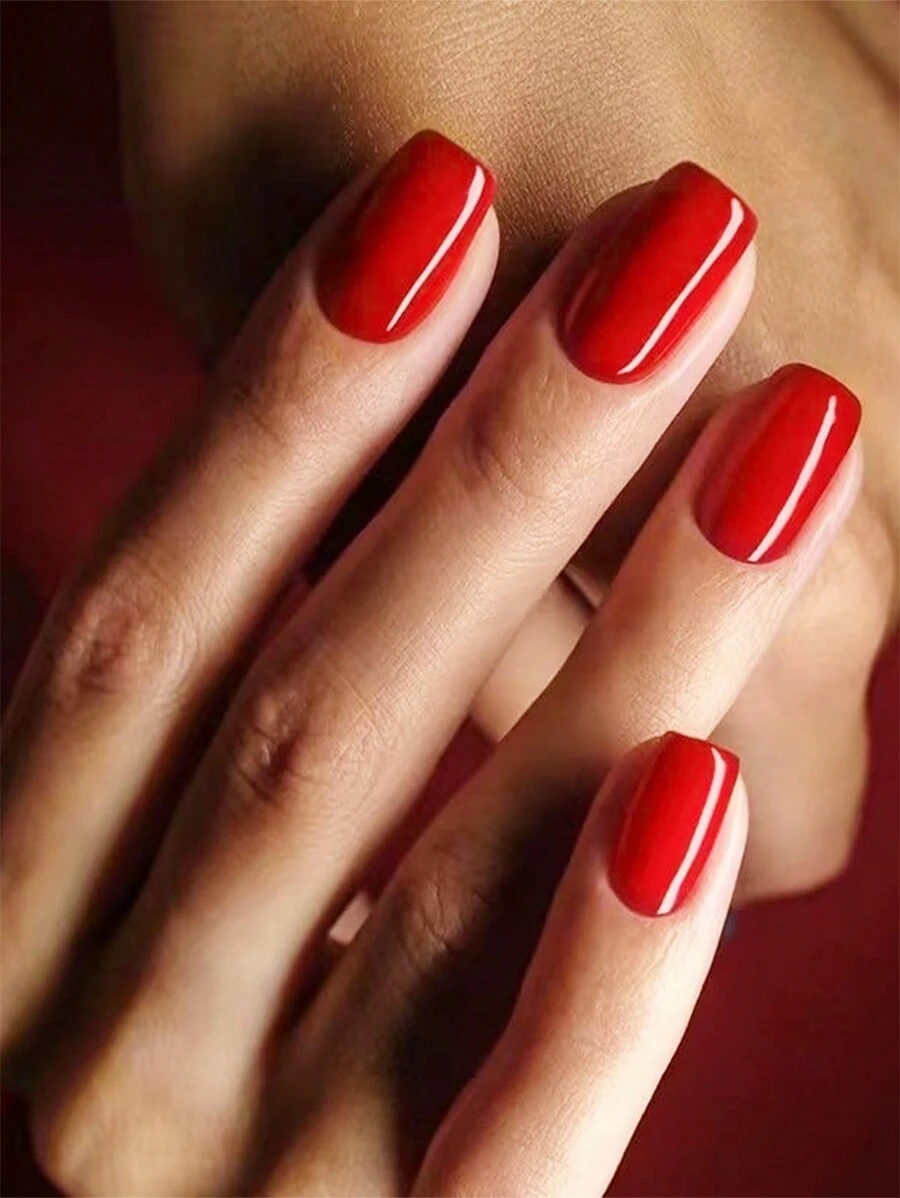 24入組方形短款光澤純色假指甲，包含1片果凍膠和1片指甲文件，膠裝式指甲美容用品 - 紅色 - 查看 1