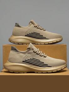 Giày thể thao dệt kim thời trang nam thiết kế sọc & khối màu, kiểu dáng slip-on có dây buộc, giày chạy bộ nhẹ, thoáng khí, thoải mái, thích hợp cho các cặp đôi - Màu Khaki - Xem 3