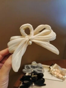 Boho 1pc Beige Faux Pearl Decorated Scrunchie Hair Claw Clip, Suitable For Thick Hair And Chignon Style, Elegant And Suitable For Everyday Wear, Travel And Gatherings Bowknot Valentine's Day Valentines Hair Clips Hair Jaw Clip Hair Clamps Hair Clutch Hair Catcher Clip, Casual Fall Winter Hair Accessories For Women Bows For Vacation Outfits Woman