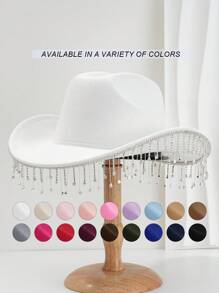 1pc Solid Color Unique Personality Sparkling Rhinestone Tassel Hat, With Shewee Cowgirl Hat, Suitable For Girlcore, Vintage, Floral, Spring Summer Bright Colors, Pink Aesthetic, Novel Punk Style Wide Brim BR Street Fashion, 2024 Wedding Essentials, Classy Aesthetic, Dinner Party Essentials, Suitable For Parties, Western-Themed Events, Gatherings, Engagement Parties, Cosplay, Graduation Ceremonies, Masquerades, Festivals, Weddings, Birthday Celebrations, Music Festivals, Coming-Of-Age Ceremonies Halloween