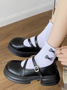 Giày Mary Jane đế dày đế xuồng cho bé gái, giày cao gót da PU thoải mái, giày bệt quai chữ T bằng da bóng nông có ngọc trai giả và gót nhọn kiểu Pháp - màu đen - Xem 1