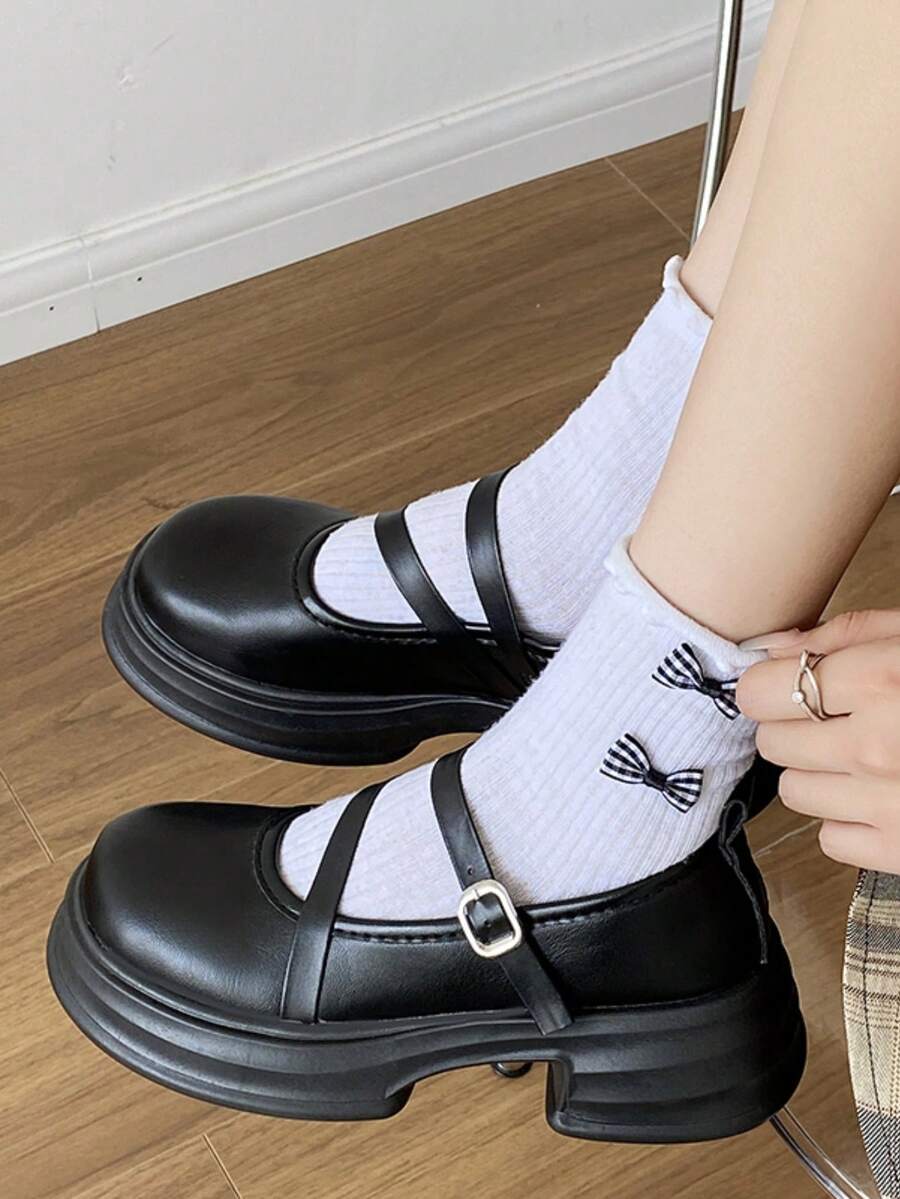 Giày Mary Jane đế dày đế xuồng cho bé gái, giày cao gót da PU thoải mái, giày bệt quai chữ T bằng da bóng nông có ngọc trai giả và gót nhọn kiểu Pháp - màu đen - Xem 1