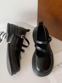 Giày Mary Jane đế dày đế xuồng cho bé gái, giày cao gót da PU thoải mái, giày bệt quai chữ T bằng da bóng nông có ngọc trai giả và gót nhọn kiểu Pháp - màu đen - Xem 2