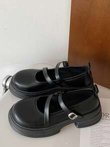 Giày Mary Jane đế dày đế xuồng cho bé gái, giày cao gót da PU thoải mái, giày bệt quai chữ T bằng da bóng nông có ngọc trai giả và gót nhọn kiểu Pháp - màu đen - Xem 3