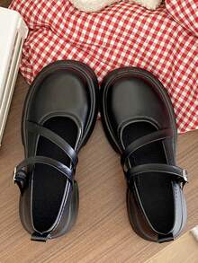 Giày Mary Jane đế dày đế xuồng cho bé gái, giày cao gót da PU thoải mái, giày bệt quai chữ T bằng da bóng nông có ngọc trai giả và gót nhọn kiểu Pháp - màu đen - Xem 5