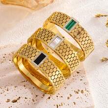 1入18K鍍金不銹鋼螺旋手鐲，幾何貝殼紋，蜂巢紋及鑽石裝飾，法式復古冷調金屬質感，韓式時尚休閒風格，萬用時尚配飾，適用於日常、通勤、街頭、派對和慶典，男女皆宜禮物 - 方形蜂巢紋 - 查看 5