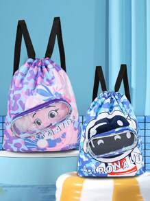 1pc Cartoon Printed Waterproof DryWet Separated Shoulder Backpack, Swimming Bag, Beach Storage Bag, Drawstring Toiletry Bag - Blue - View 2