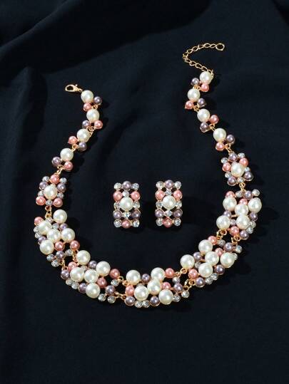 قلادة وأقراط مجوهرات زائفة من اللؤلؤ للنساء، قلادة 1 قطعة وأقراط 1 زوج