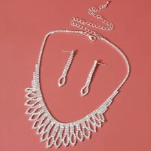 Full Rhinestone Fan-Shaped Tassel Jewelry Set, Women's Elegant Necklace And Earrings 2 Pieces Set, Suitable For Evening Gala And Wedding - Set - View 5