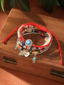 Conjunto de 6 piezas de Pulsera con múltiples capas de cuentas de estilo bohemio con colgantes en forma de "ojo malvado" y palma, ajustable y adecuado para uso diario - aojo - Ver 9