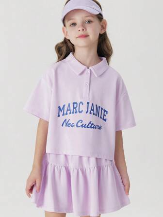 MARC&JANIE 2入組年輕女孩學院風鮮艷校園對比色字母印花翻領短袖襯衫和裙子套裝，適用於夏季