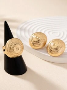 3 cái/bộ Bộ bông tai và nhẫn hình trống phóng đại dành cho nữ - Vàng - Xem 5