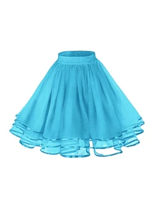 西瓜红、湖蓝、草绿、黑、白、红五色短款女裙。裙长50厘米，及膝。无骨衬裙，新娘裙衬，柔软蓬蓬裙，可爱小网纱裙，三层网纱镶边。衬裙，适合婚宴、演出、派对、Cosplay装饰和拍摄道具。万圣节、情人节、情人节