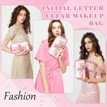 Geantă de machiaj cu scrisoare inițială personalizată, transparentă, cu plasture de chenille A-Z, geantă cosmetică din nailon Preppy cu fermoar, omologat TSA, transparentă, impermeabilă, pentru toaletă, pentru femei, fete, organizator pentru machiaj.