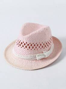 1入組幼兒女童時尚蕾絲蝴蝶結滾邊太陽帽，透氣中空圓桶帽適用於春夏親子戶外活動 - 粉色 - 查看 1