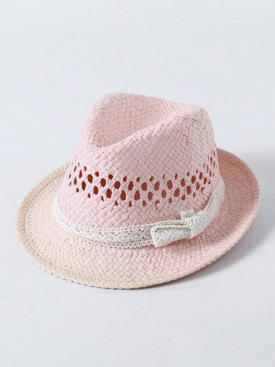 1入組幼兒女童時尚蕾絲蝴蝶結滾邊太陽帽，透氣中空圓桶帽適用於春夏親子戶外活動 - 粉色 - 查看 1