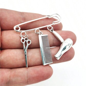 Broche colgante de joyería para peluquero de moda con color plateado en forma de secador de pelo, tijeras y peine - regalos para estilistas de cabello