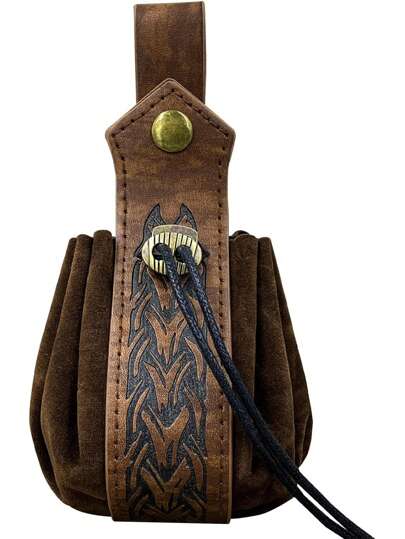Medieval Faux Leather Drawstring Pouch, Retro Nordic Portable Coin Purse, Vintage Belt Pouch Dice Bag For LARP Ren Faire Halloween