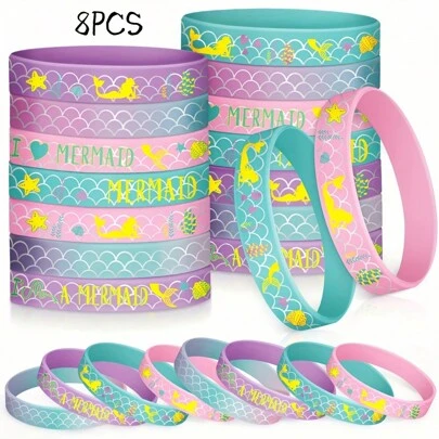 8 件美人鱼硅胶腕带手链，我是美人鱼主题派对礼品袋填充物，适合生日派对、圣诞节