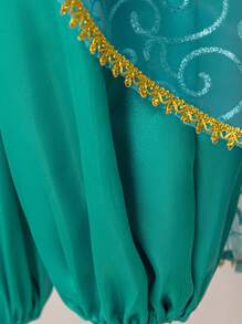 1 Set Young Girls' Off-The-Shoulder Green Princess Jumpsuit, Suitable For Parties - Green - View 9