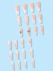24入組新款長芭蕾歐美蛇紋白色法式十字假指甲片，專為女孩設計，附1支果凍膠和1片摩擦貼，適用於女孩日常街頭遊玩、校園約會、海邊度假、婚禮沙龍和其他節日佩戴，壓克力假指甲用品 - 彩色 - 查看 2