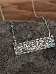 Collier simple avec pendentif vintage rectangulaire en alliage de zinc sculpté incrusté de turquoise