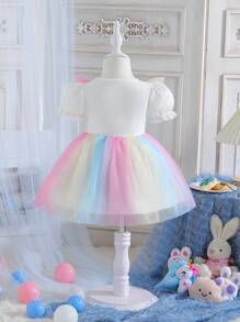 Baby Girls' Cute Round Neck Colorful Mesh Ruffle Puff Sleeve Cartoon Pony Print A-Line Colorful Mesh Princess Dress, Suitable For Daily, Party, Outing In Spring And Summer - Multicolor - View 2