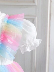 Baby Girls' Cute Round Neck Colorful Mesh Ruffle Puff Sleeve Cartoon Pony Print A-Line Colorful Mesh Princess Dress, Suitable For Daily, Party, Outing In Spring And Summer - Multicolor - View 7