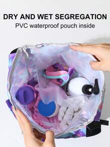 1pc Cartoon Printed Waterproof DryWet Separated Shoulder Backpack, Swimming Bag, Beach Storage Bag, Drawstring Toiletry Bag - Blue - View 4